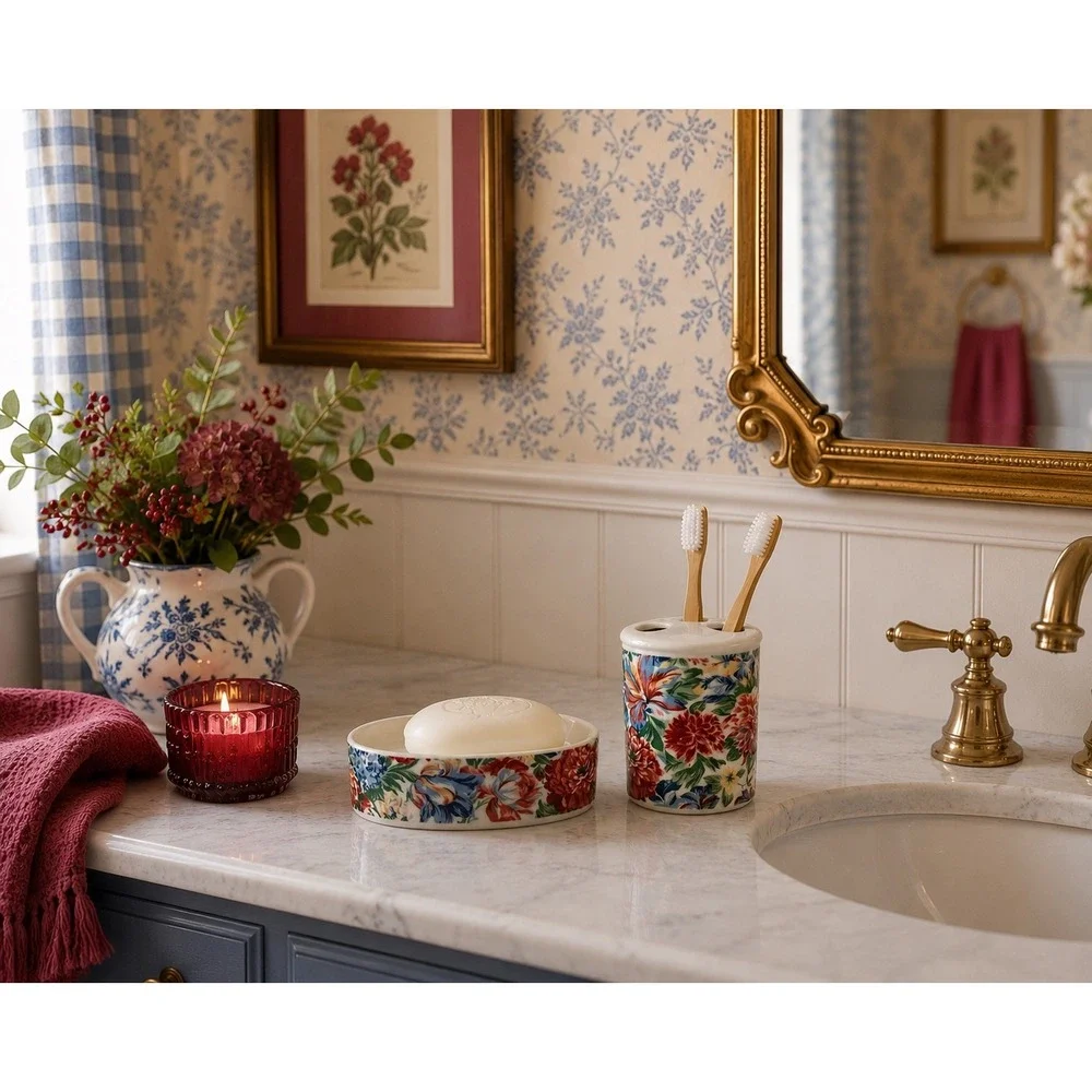 Vintage Floral Ceramic Bathroom Set Soap Dish & Toothbrush Holder